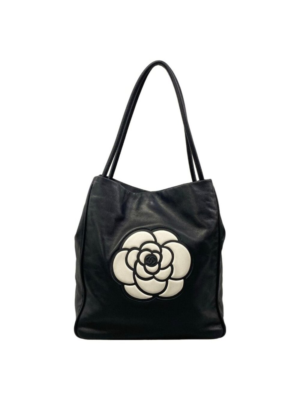 Chanel Tote Bag Camellia Black White Leather